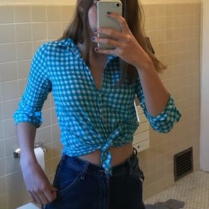 blue and white checkered shirt